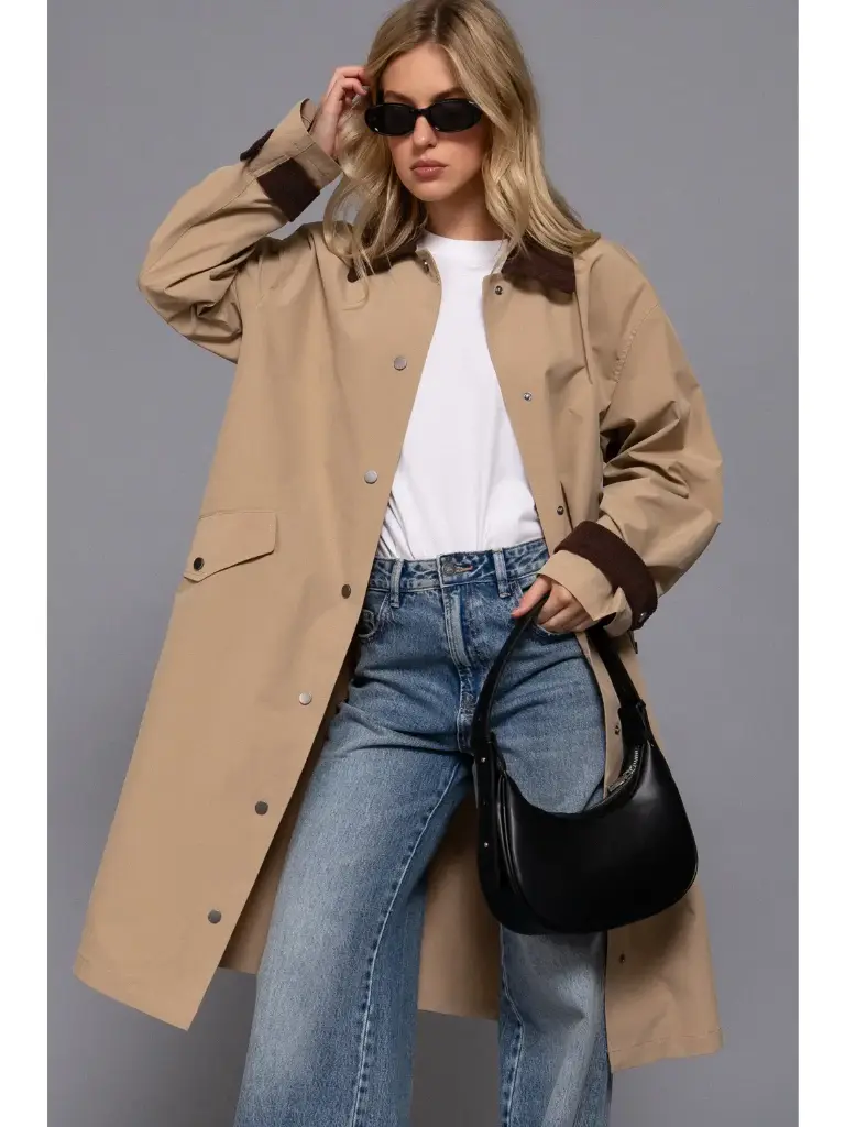 Parka avec col contrastant et boutons (S, Beige)