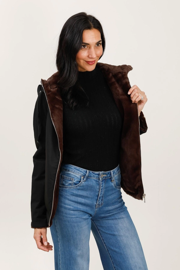 Parka courte à capuche, réversible fourrure (S)